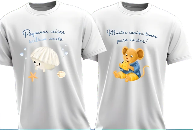 Duas camisetas brancas da Lena’s com estampas ilustradas: uma concha e o ratinho comendo queijo